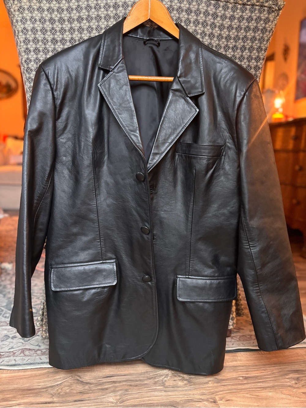 Vintage Men’s Black Genuine Leather Blazer Jacket L 90s Longline